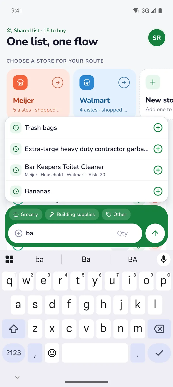 Typing 'ba' in the add bar brings up Trash bags, a contractor garbage bag, Bar Keepers Toilet Cleaner with its aisles at Meijer and Walmart, and Bananas.
